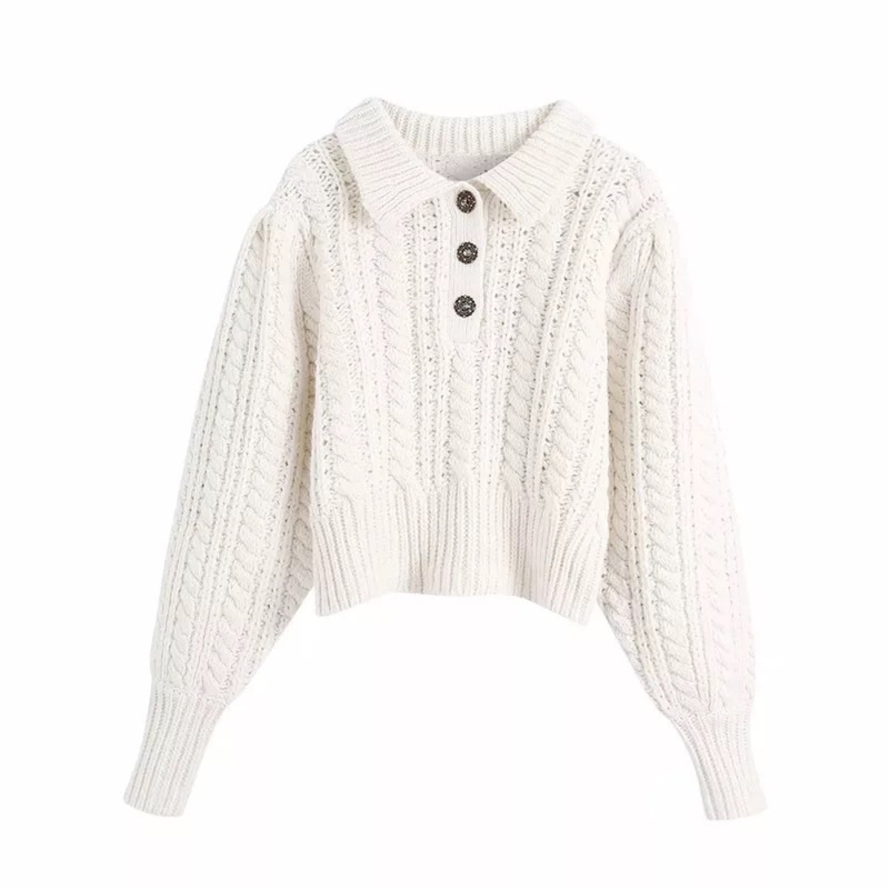 🦄HP♦︎ Sweater crop top cable knit white womens long sleeve button collar - Picture 7 of 7